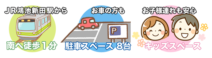駅から南へ徒歩1分で駐車場・キッズスペースあり